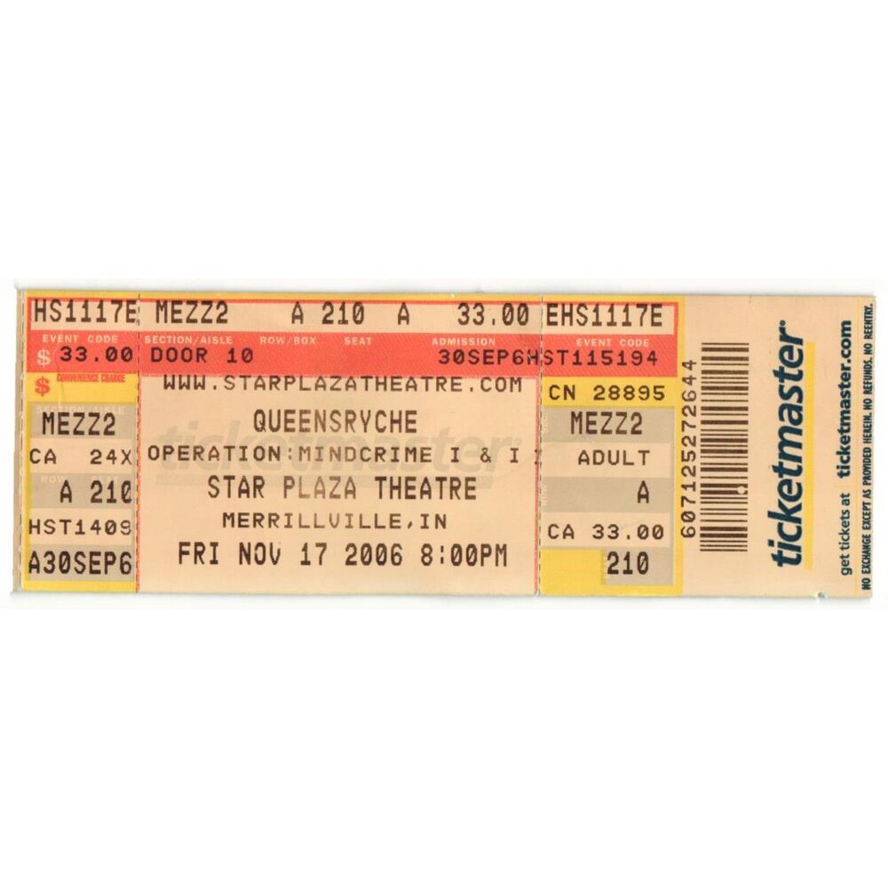 Vintage 2006 Queensryche Full Complete Concert Ticket Stub Merrillville IN